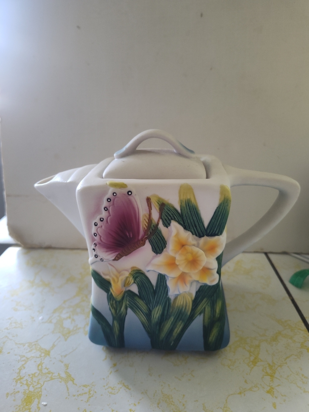 Vintage Bisque Ceramic Floral Teapot.